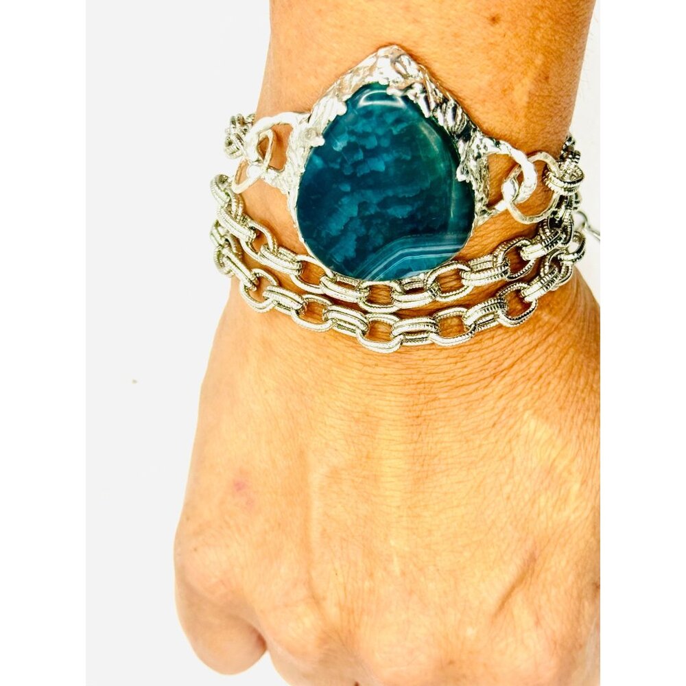 Indian Moss Agate Gemstone Artisan Pendant Necklace/Bracelet Silver Blend Frame